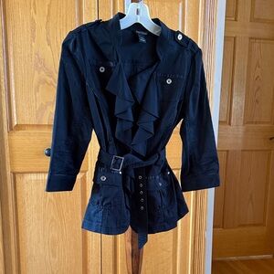 White House Black Market Black Ruffle-Front Belted Utility Jacket